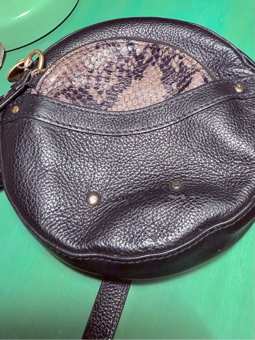 See By Chloe Rosy Black Leather Round Crossbody with Snakeskin coin purse.